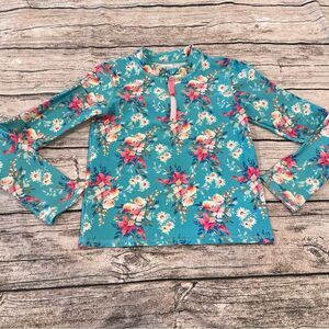 Ruffle Butts Teal Floral Long Sleeve Rashguard With Quarter Zipper Size 10